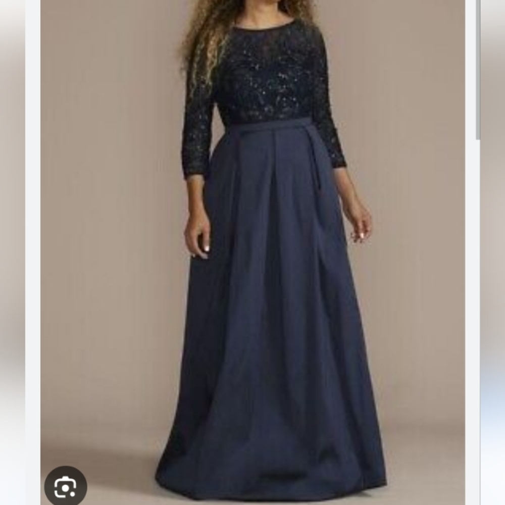 Oleg Cassini Navy Blue Beaded Lace Ball Gown